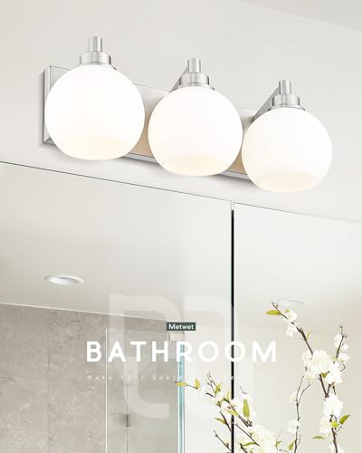 3-Light Brushed Nickel Bathroom Vanity Light, Milk Glass Globe Shade | 18" modern bathroom light fixtures over mirror, E26 base, bulbs not included, VL195-BN-ML-3 - color: Brushed Nickel, Milk Glass, size: 3-light