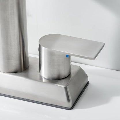 IKEBANA Brushed Nickel Waterfall Bathroom Faucet,2 Handle Stainless Steel 4 inch Bathroom Sink Faucet Modern Waterfall Spout Faucets Lead-Free Faucets with Supply Hoses and Pop-up Drain, IK-ZT2317L - color: Brushed Nickel