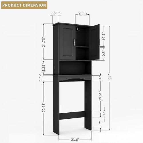 ROOMTEC Over The Toilet Storage Cabinet with Adjustable Shelf and Double Doors, Freestanding Bathroom Cabinet Organizer with Open Shelf, Home Space-Saving Toilet Rack for Restroom, Laundry, Black