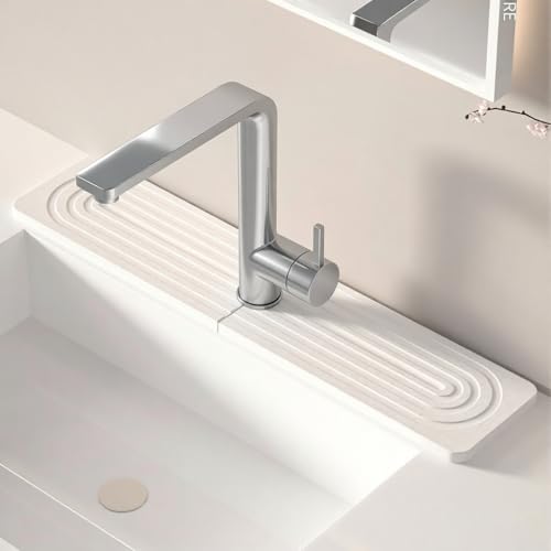 Diatomite Faucet Mat for Kitchen & Bathroom Sink Fast Drying Stone Splash Guard, Super Absorbent Sink Protector Prevents Moisture, Easy Clean Counter Tray (White, 15.8"x3.9") - color: White--15.8"x3.9"