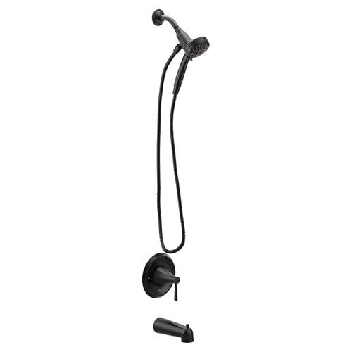 Moen Ronan Matte Black Single-Handle Modern Tub and Shower Faucet with Round Handheld Rainshower Spray Head Featuring Magnetix, Valve Included, 82021BL - color: Matte Black, style: Round Showerhead