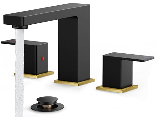 FORIOUS Widespread Black and Gold Bathroom Faucet Square, 8 in Black Faucet | CUPC 8 Inch Gold and Black Bathroom Faucet 3 Hole, Two Handle Matte Black Faucet for Bathroom Sink 3 Hole with Drain, Aerator - color: Black&Gold, style: Modern