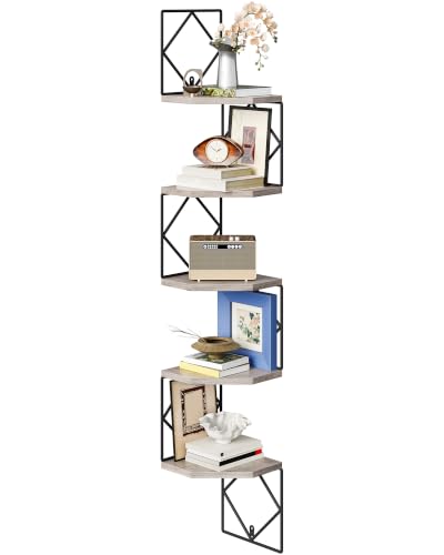 CHOEZON 5-Tier Corner Shelf, Floating Shelf, Wall-Mounted Storage Shelf, Wall Decor, Narrow Corner Bookshelf, for Living Room, Bedroom, Home Office, and Bathroom, Greige and Black TCJ35BG - color: Greige, Black