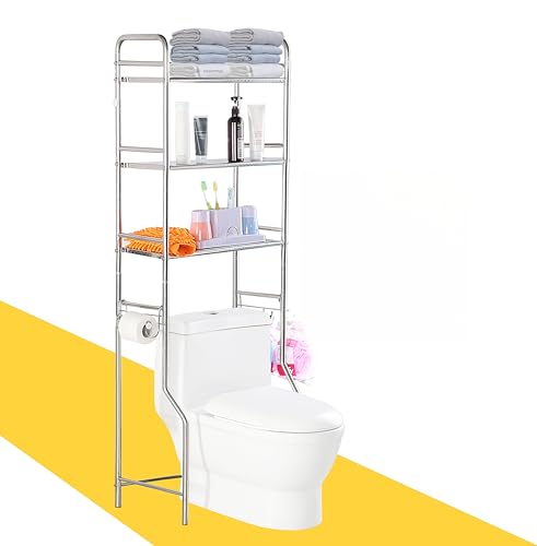 susunnus Over The Toilet Storage 3 Tier,Stainless Steel,for Toilet,Bathroom | Freestanding Space Saver,Rust Proof,with Anti-slip Feet,Paper Rolling and Towel hooks,Bathroom Shelf Over Toilet,Laundry Rack - size: M-size