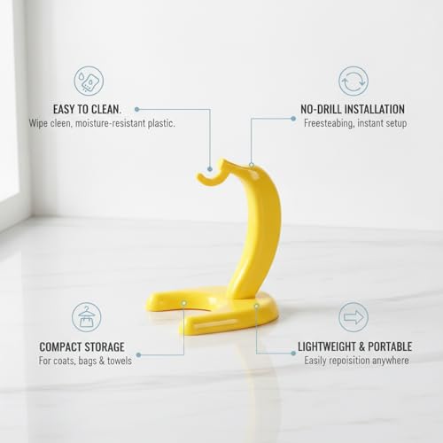 Freestanding Plastic Coat Hook, No-Drill Floor Stand for Entryway & Bathroom, Compact Yellow Rack for Coats, Bags, Towels (1 Pack)