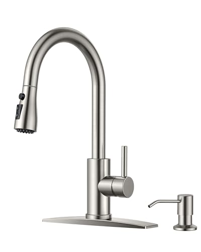 FORIOUS Kitchen Faucet with Soap Dispenser, Stainless Steel, Brushed Nickel | Pull Down Sprayer, High Arc Single Handle, Classic 3 Modes Bar Sink Faucet with Deck Plate, Suitable for Rv Laundry Camper - color: Stainless Steel, style: Classic