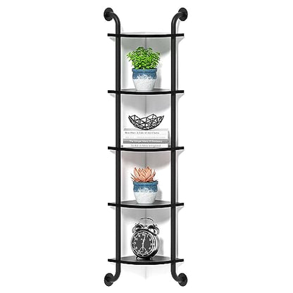 5 Tier Corner Shelf Wall Mount Rustic Industrial Floating Shelves - color: Black