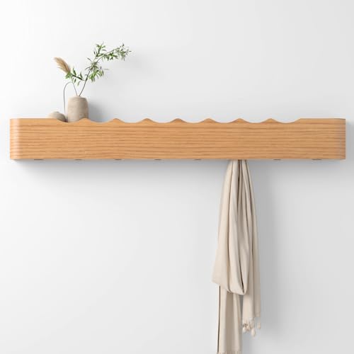 Coat Rack Wall Mount with Hidden Hooks, Wall Hooks with Shelf, Wall Key Holder Mount Wooden Shelf Entryway Hooks for Bedroom Bathroom for Hanging Coats Hats Bags Towels (Oak Wave-Shape, 8 Hooks) - color: Oak Wave-Shape, size: 8 Hooks