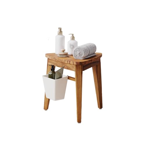 Kiasthome Teak Shower Bench, Waterproof Bathroom Teak Corner Shower Bench, Sturdy Non-Slip Bath Shower Foot Stool for Shaving Legs with Storage Basket