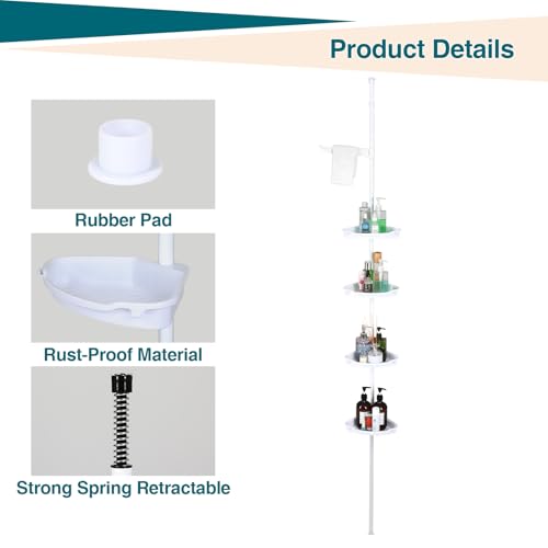 Corner Shower Caddy Tension Pole, 101.6''-122'', 4 Tier Shower Shelf, Rust Proof No Drilling Bathroom Organizer with Adjustable Trays, Plastic Bathtub Shelves Shamboo Holder, White