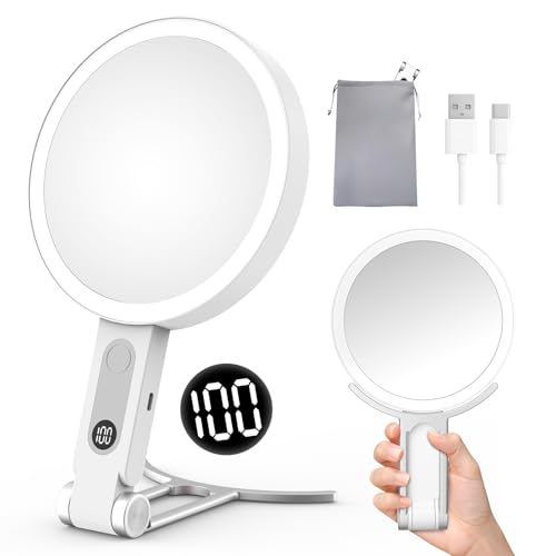 Granarbol 2-Sided Lighted Travel Makeup Mirror, 1X/20X Magnification | 3 color lights, touch control & LED display, rechargeable, adjustable angle, portable vanity mirror for women - color: Silver