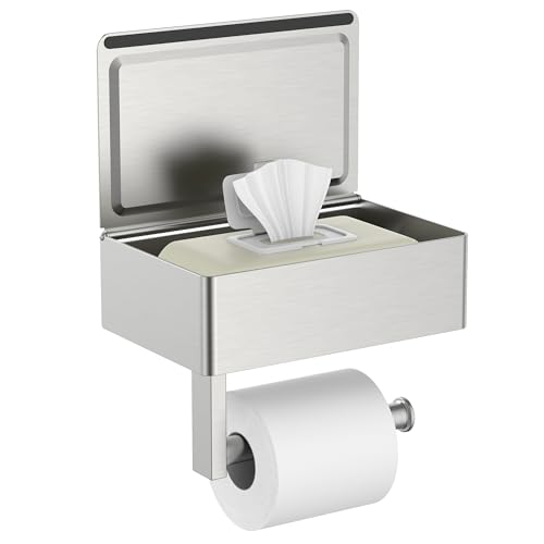 FORIOUS Toilet Paper Holder with Shelf, Wall-Mounted Modern Wipes Dispenser | Brushed Nickel | Toilet Paper Holder with Storage | Flushable Wipes Dispenser for Bathroom | Sanitary Napkin Tampon Holder - color: Stainless Steel, size: 1 Pack-8" (L)
