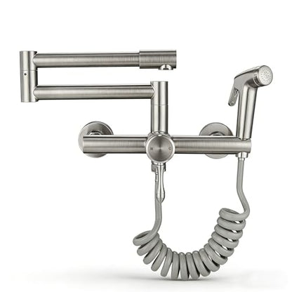 Wall Mount Kitchen Faucet, Folding Commercial Tap with Side Sprayer | 304 Stainless Steel Constructed, Brushed Nickle, Rotatable, 8"" Center - color: Style C, Faucet with Stand