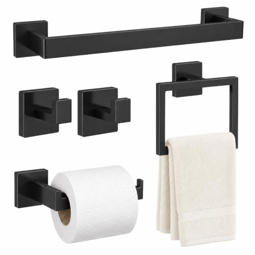 5-Piece Matte Black Bathroom Accessorys Stainless Steel Towel Bar Set | Square with Toilet Paper Holder Towel Ring Hook and Towel Racks for Bathroom Wall Mounted Bathroom Hardware Set - color: Matte Black