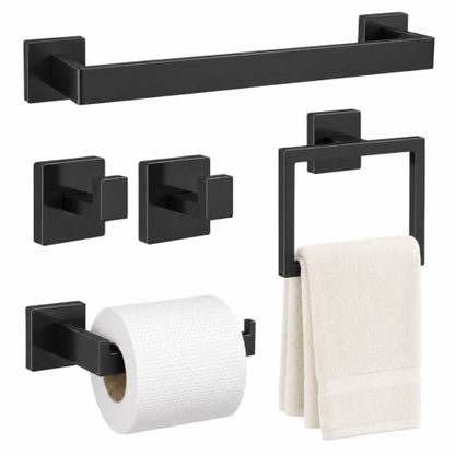 5-Piece Matte Black Bathroom Accessorys Stainless Steel Towel Bar Set | Square with Toilet Paper Holder Towel Ring Hook and Towel Racks for Bathroom Wall Mounted Bathroom Hardware Set - color: Matte Black