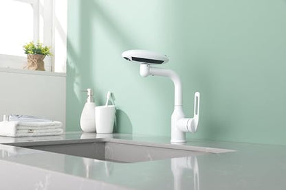 Bathroom Sink Faucet 1 Hole, White Multifunctional Basin Faucet with 4 Water Outlet Modes, Modern 360°Rotatable Bar Tap with Two Water Supply Pipes - color: White
