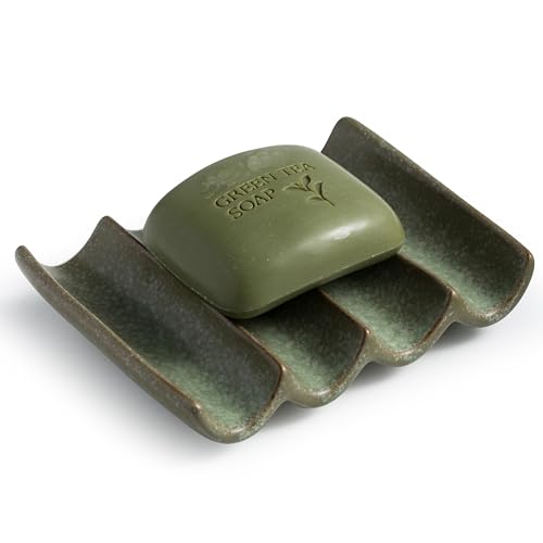 Draining Ceramic Soap Dish - Fluted Design, Bar Soap Holder for Shower & Bathroom, Soap Saver Sponge Lift, Green - color: Green, size: Fluted