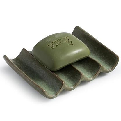 Draining Ceramic Soap Dish - Fluted Design, Bar Soap Holder for Shower & Bathroom, Soap Saver Sponge Lift, Green - color: Green, size: Fluted