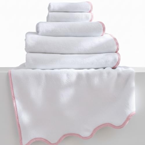 Lotus Linen Scallop Piping Towel Set of 6, 620 GSM 100% Zero Twist Cotton, 2 Bath, 2 Hand Towels, 2 Washcloths, Hanging Loops, Soft Absorbent Bathroom Essentials (Pink Piping, Towel Set (Pack of 6)) - color: Pink Piping, size: Towel Set (Pack of 6)
