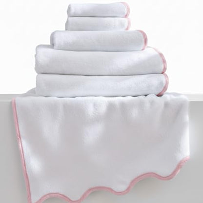 Lotus Linen Scallop Piping Towel Set of 6, 620 GSM 100% Zero Twist Cotton, 2 Bath, 2 Hand Towels, 2 Washcloths, Hanging Loops, Soft Absorbent Bathroom Essentials (Pink Piping, Towel Set (Pack of 6)) - color: Pink Piping, size: Towel Set (Pack of 6)