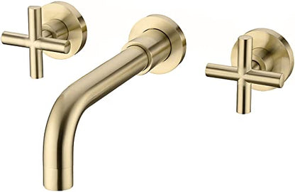 TRUSTMI Brushed Gold Bathroom Faucet Cross Handle Wall Mount Rough-in Valve | Premium Brass Construction, 360° Swivel Spout, Concealed Valve Included, fits Vessel Sinks, 2 Handle - color: Brushed Gold