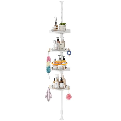 360° Rotating Corner Shower Caddy Tension Pole, 4-Tier Rustproof Shower Organizer, No-Drill Tool-Free Adjustable Height 34-124" for Bathroom Shelves Storage, White - color: White