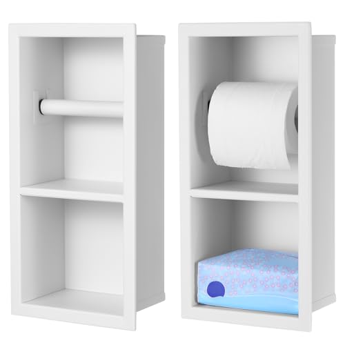Recessed Toilet Paper Holder 304 Stainless Steel Tissue Paper Holder Bathroom Storage in Wall Tissue Toilet Roll Wall Space Saving Restroom Napkin Frame, White