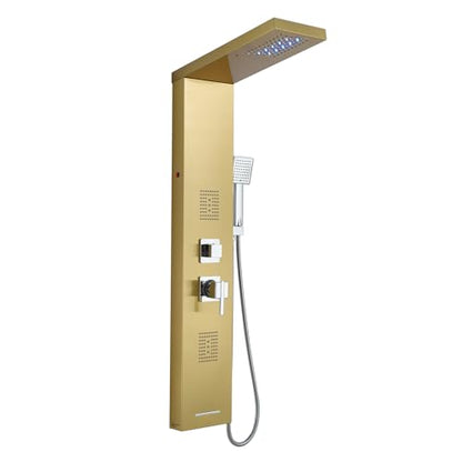 5-in-1 LED Shower Panel Tower System Stainless Steel Gold | Rainfall head | 2 massage jets | Handheld shower | Tub spout | LED lights | Wall mount - color: Gold