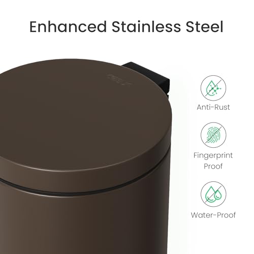 Cesun Small Round Bathroom Trash Can with Lid Soft Close, 1.2 Gal, Brown | Removable Inner Bucket, Stainless Steel Garbage Can for Bedroom/Office, Hands-Free Step Pedal, Fingerprint-Resistant - color: Brown