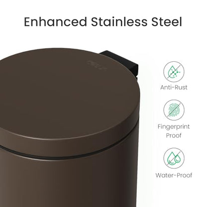 Cesun Small Round Bathroom Trash Can with Lid Soft Close, 1.2 Gal, Brown | Removable Inner Bucket, Stainless Steel Garbage Can for Bedroom/Office, Hands-Free Step Pedal, Fingerprint-Resistant - color: Brown