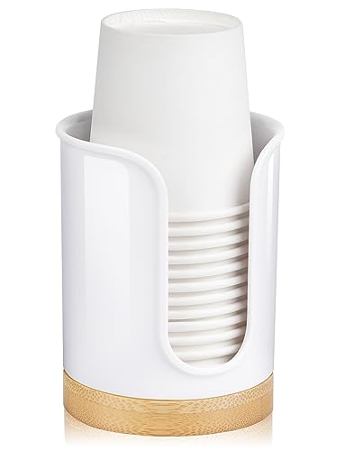 Bathroom Cup Dispenser - Small Cup Holder for Dixie 3 oz Bathroom Cups, Mouthwash Cups, 3 4 Ounce Cup Dispenser - PC/Bamboo, White, Pack of 1 - color: White/Bamboo/1Pack