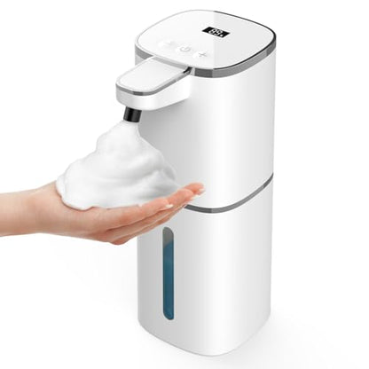 Luxspire 420ml Automatic Foaming Soap Dispenser for Bathroom, White | Touchless foam soap dispenser, IPX5 waterproof, 9 foam levels, LED power display fits hand soap dish wash body wash - color: White