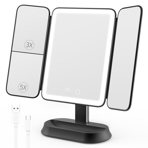Rechargeable Lighted Makeup Mirror with 1X/3X/5X Magnification, Professional 3-Color LED Trifold Vanity Mirror, Smart Memory, Type-C Charging, Portable Beauty Mirror for Travel, Idea Gifts - Black - color: Black