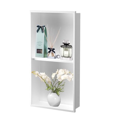 Homevacious 12"×24" Stainless Steel Shower Niche No Tile Needed White | Double Shelves Bathroom Shelf Rimless Recessed Wall Niche for Bathroom Storage - color: White