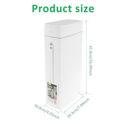 Bathroom Trash Can and Toilet Brush Set, Narrow Slim Can With Pop-up Lid, Modern White Mini Rectangular Bin for Limited Small Space