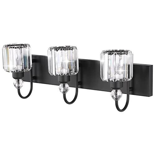 Ralbay Modern Crystal Vanity Light 3-Lights Modern Crystal Vanity Lights for Bathroom Matte Black Crystal Bath Wall Light Fixtures Modern Black Crystal Bathroom Light Fixtures - color: Round-Black, size: 3-light