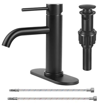 Bathroom Sink 1 Hole Single Handle Lever Faucets Stainless Steel | Pop Up Drain,Deck Plate,Flexible Hoses,1 or 3 Hole,Modern,for Vanity RV Bath Basin Wash Room Restroom Home,Matte Black - color: Matte Black