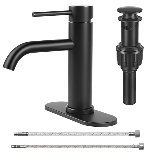 Bathroom Sink 1 Hole Single Handle Lever Faucets Stainless Steel | Pop Up Drain,Deck Plate,Flexible Hoses,1 or 3 Hole,Modern,for Vanity RV Bath Basin Wash Room Restroom Home,Matte Black - color: Matte Black