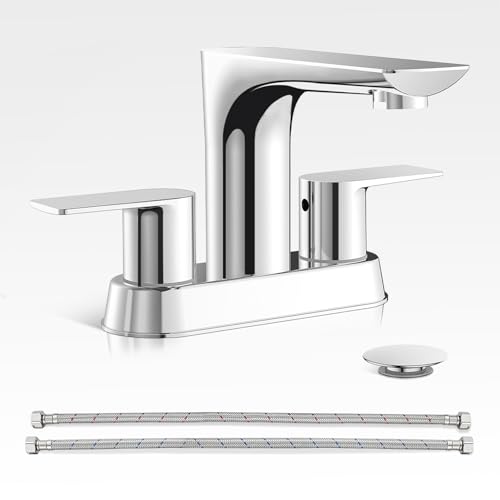 Bathroom Faucets, 4 Inch Faucet for Bathroom Sink, 2 Handle Centerset Bathroom Faucet for Sink Vanity, Stainless Steel Modern Sink Faucet with Pop-up Drain and Supply Hoses - color: 2.Chrome Polished, style: 1 PC