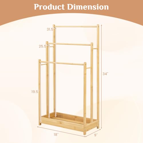 Giantex 3 Tier Free Standing Bamboo Towel Rack with Storage Shelf, Natural | Bath Towel Drying Stand, Blanket Holder for Living Room, Laundry, Bathroom, Poolside, 18" L x 9" W x 34" H - color: Natural