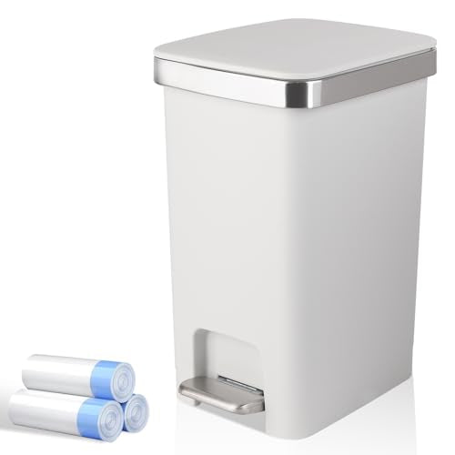 Small Bathroom Trash Can with Lid and 3 Rolls Trash Bags, Step Pedal Wastebasket Plastic Garbage Can with Pop-Up Lid 2.6 Gallon Bin for Kitchen, Bedroom, Office, Dorm, Laundry, Toilet, Rv, White - color: White