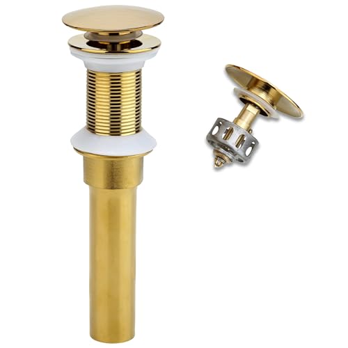 Rockgoya Bathroom Sink Drain, Gold Drain Stopper Bathroom Sink Without Overflow,Pop Up Drain Assembly with Detachable Strainer Basket,Built-in Anti-Clogging Strainer,Stainless Steel - color: Gold, style: Without Overflow