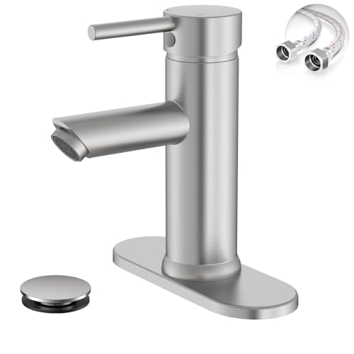 Bathroom Faucet for 1 or 3 Holes, Brushed Nickel, Brass | Single Handle Bathroom Sink Faucets, Modern Commercial Lavatory Vanity Faucet, with Deck Plate and Supply Line, Pop Up Drain - color: Brushed Nickel