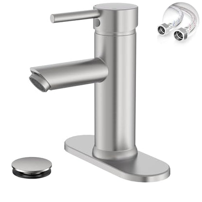 Bathroom Faucet for 1 or 3 Holes, Brushed Nickel, Brass | Single Handle Bathroom Sink Faucets, Modern Commercial Lavatory Vanity Faucet, with Deck Plate and Supply Line, Pop Up Drain - color: Brushed Nickel