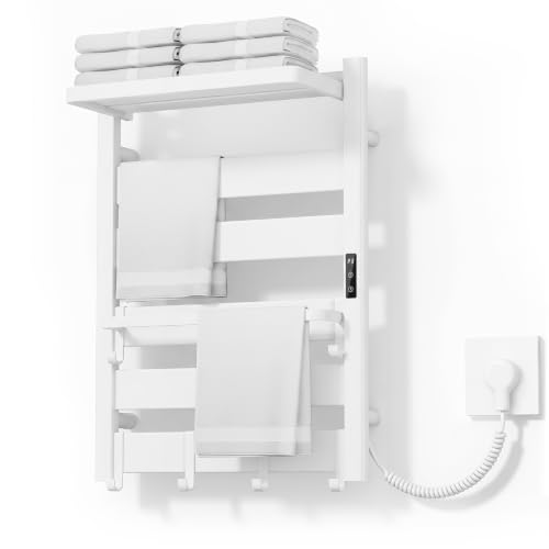 6-Bar Wall Mounted Heated Towel Rack, 170°F Heating White | Bathroom Towel Warmer with Top Shelf, Memory Function, Adjustable 110–170°F Temperature, 2–12H Timer, Space Saving Design - color: White, size: ZW 6-Bars