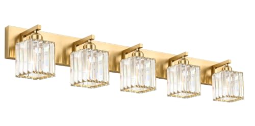 Gold Crystal Bathroom Vanity Light, 5-Light Modern Bathroom Lighting Fixtures Over Mirror,Chrome Wall Sconce Light Fixtures with Square Shade - color: Gold-Square Shade, size: 5-LIGHT
