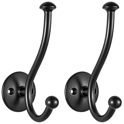 2-Pack Heavy Duty Wall Hooks, Matte Black Double Coat Hooks Wall Mounted, Rustproof Metal Towel & Robe Hook Hardware with Screws for Bathroom, Entryway, Hanging Coats, Hats, Bags, Keys - color: 2 pack-Black