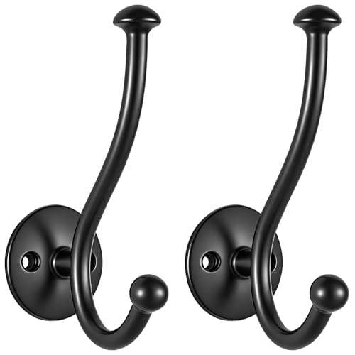 2-Pack Heavy Duty Wall Hooks, Matte Black Double Coat Hooks Wall Mounted, Rustproof Metal Towel & Robe Hook Hardware with Screws for Bathroom, Entryway, Hanging Coats, Hats, Bags, Keys - color: 2 pack-Black