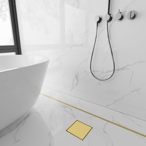 6 Inch Square Shower Drain-Brushed Gold, with Tile Insert Grate | AISI 304 Stainless Steel Shower Drain, Shower Floor Drain with Hair Catcher, Fits Bathroom, Balcony - color: Brushed Gold, size: 6 Inch