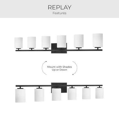 Progress Lighting Replay Collection 48 in. 6-Light Textured Black Etched White Glass Modern Bath Vanity Light - color: Textured Black, size: 6-Light